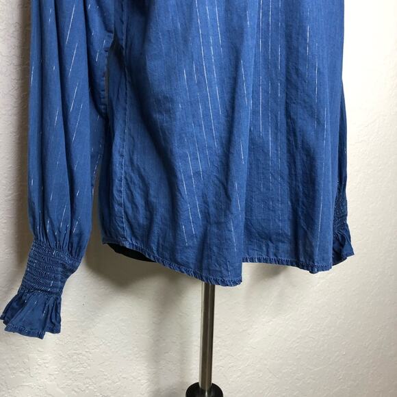 WHBM blue demin metallic striped ruffle trim top size Medium - Picture 3 of 12